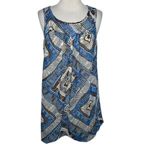 Ophelia Tank Bubble Dress Womens L Blue Brown Abstract Print Boho Western